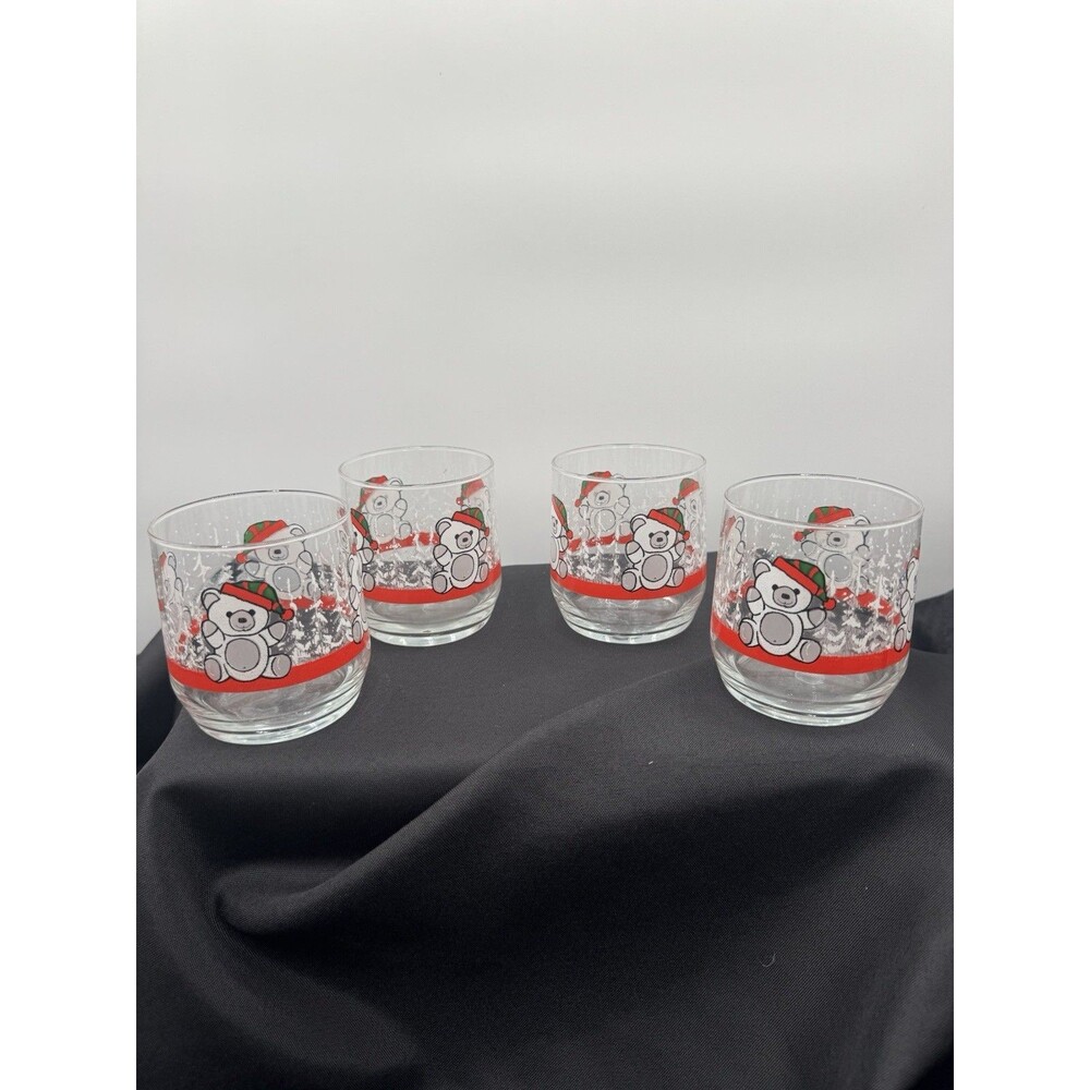 Set Of 4 Vintage Libbey Christmas / Holiday Bears Rocks Glasses - 3 3/8" Tall